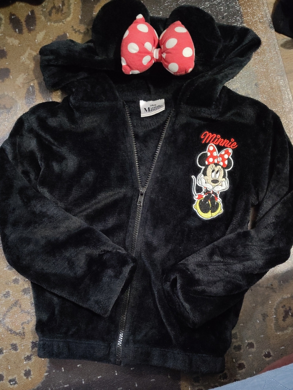 Disney Black Plush Minnie Hooded Zip-Up Sweatshirt with Red Polka Bow7/8 $35